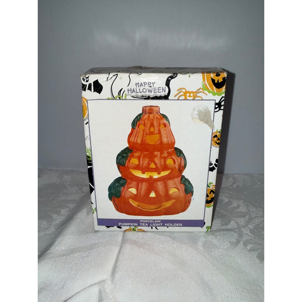 Vintage Porcelain Stacked Pumpkin Jack-O-Lantern Tea Light Holder Halloween